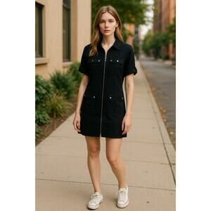 2/$30 MICHAEL Michael Kors Black Dress Size S Silver Zipper Accents Snaps Collar